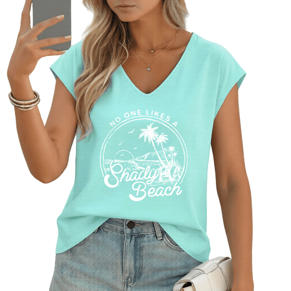 UNISHE Women's "No One Likes A Shady Beach" Retro Palm Tree V-Neck Sleeveless T-Shirt Casual Summer Tank Top