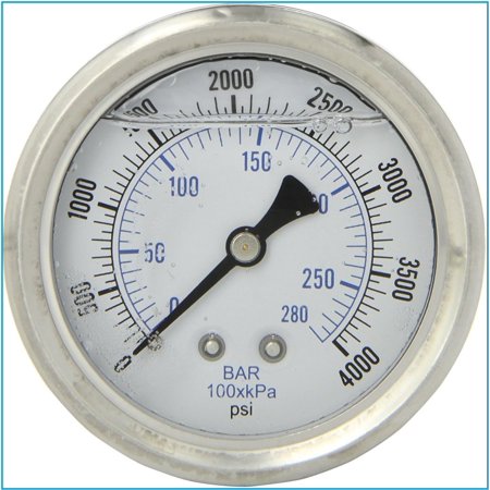 Pressure Gauge, 2.5" DIAL Display, Stainless Steel CASE, Brass INTERNALS, 1/4" Male NPT Back Mount Connection, Dual Scale PSI & BAR (0-4,000 PSI)