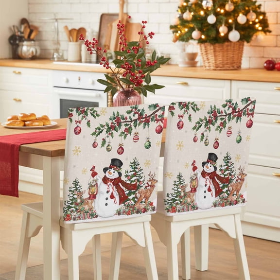 Rustic Christmas Snowman Chair Covers Set of 8 Xmas Snowflake Elk Tree Balls Chair Back Covers Stretch Removable Washable Slipcovers Protector for Dining Room Kitchen Party Decor