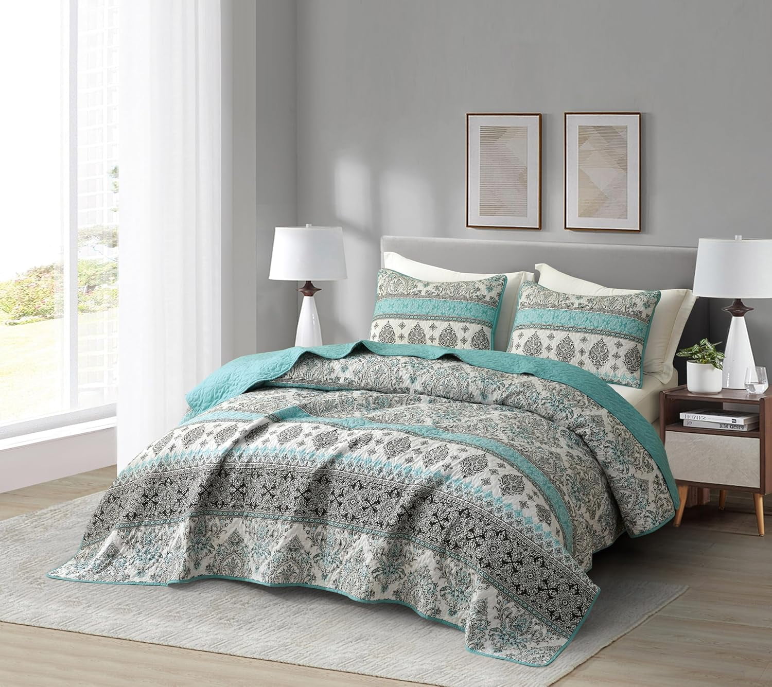 Chezmoi Collection Herald 3-Piece Printed Quilt Set, Aqua Blue Black White Boho Damask Coverlet, Pre-Washed Microfiber Lightweight Bedspread for All Seasons, King Size