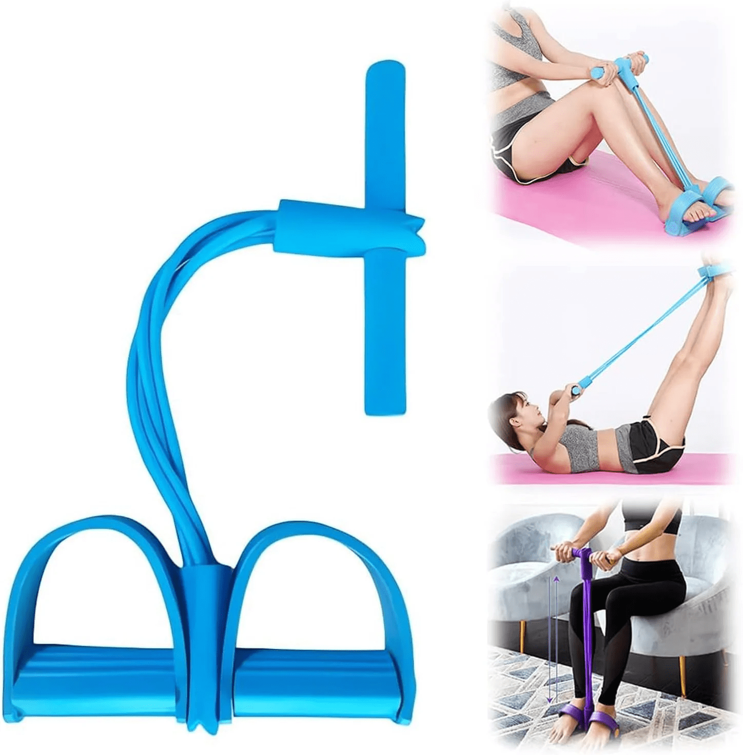 FORICOM 3PCS 4 Tubes Natural Latex Foot Pedal Elastic Pull Rope with Handle Fitness Equipment Bodybuilding Expander for Abdomen/Waist/Arm/Leg Stretching Slimming Training（Blue）
