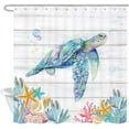 thumbnail image 4 of Cortina de ducha de tortuga marina para baño, tortuga de animales marinos en tablones de madera rústica, playa costera, juego de cortina de ducha de tela de tortuga marina, cortina de ducha con 12, 4 of 8