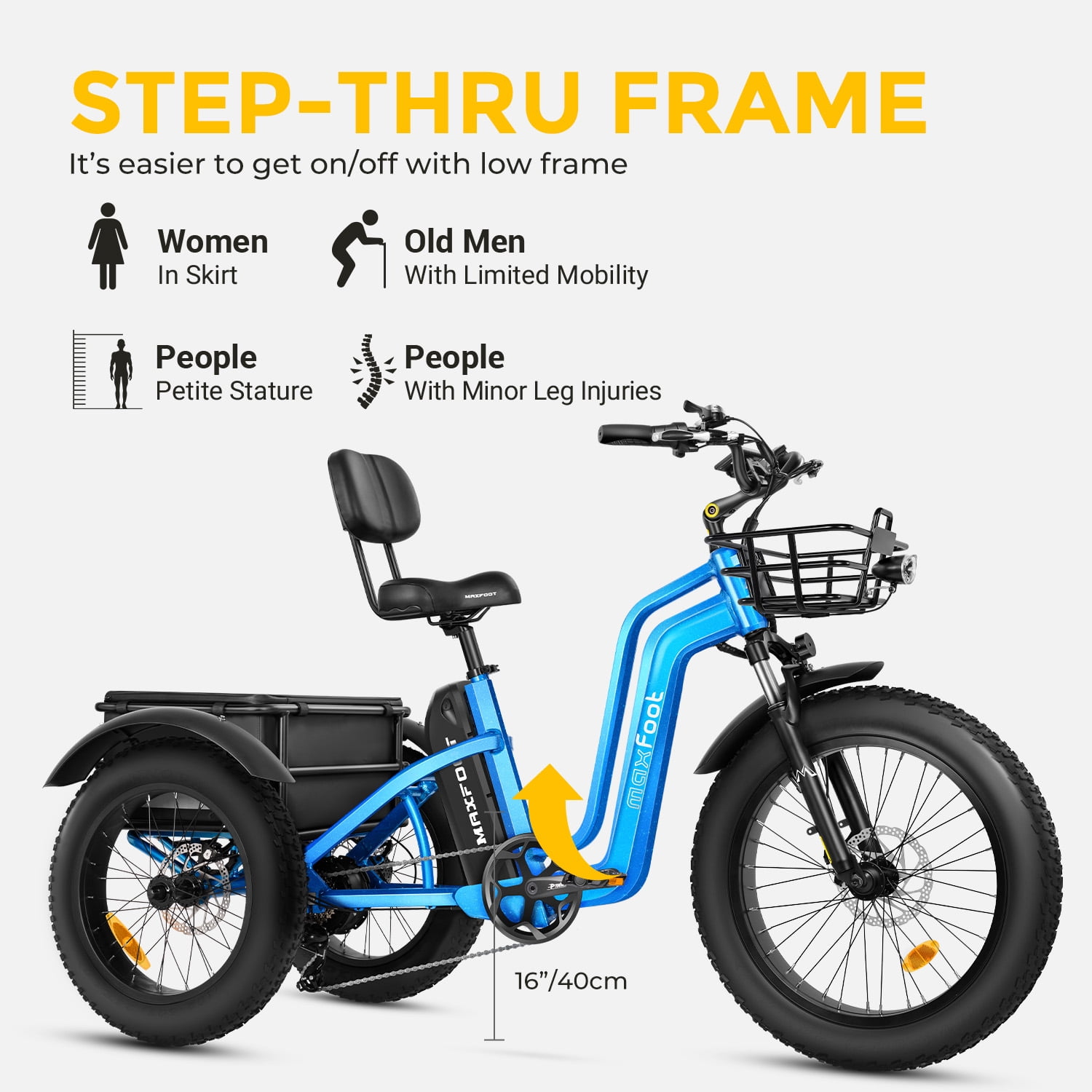 MAXFOOT MF32 Electric Tricycle for Adults, 750W Rear Drive Motor 3 Wheel Electric Bicycle with Suspension Fork, 85 Miles, 48V 20Ah UL Certified Battery, Fat Tire Electric Trike with Rear Differential
