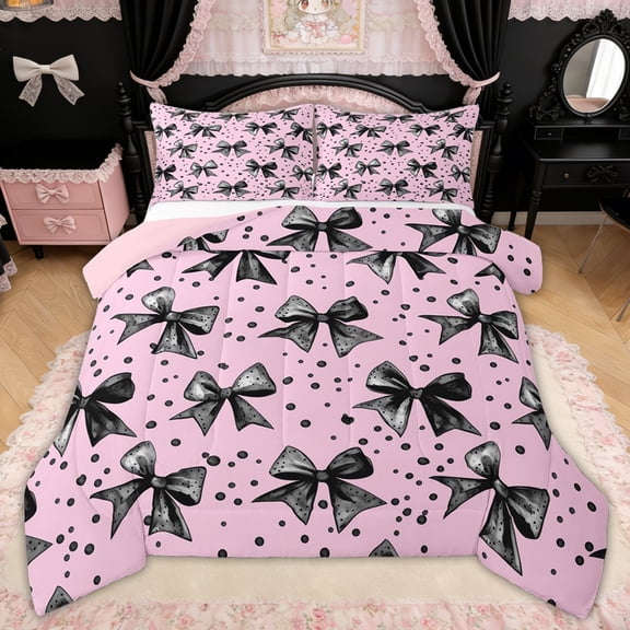 Erosebridal Black Pink Polkadots Bow Full Size Comforter Sets for Girls, Dreamy Princess Bedding Sets, Pink Reversible, 3 Pieces