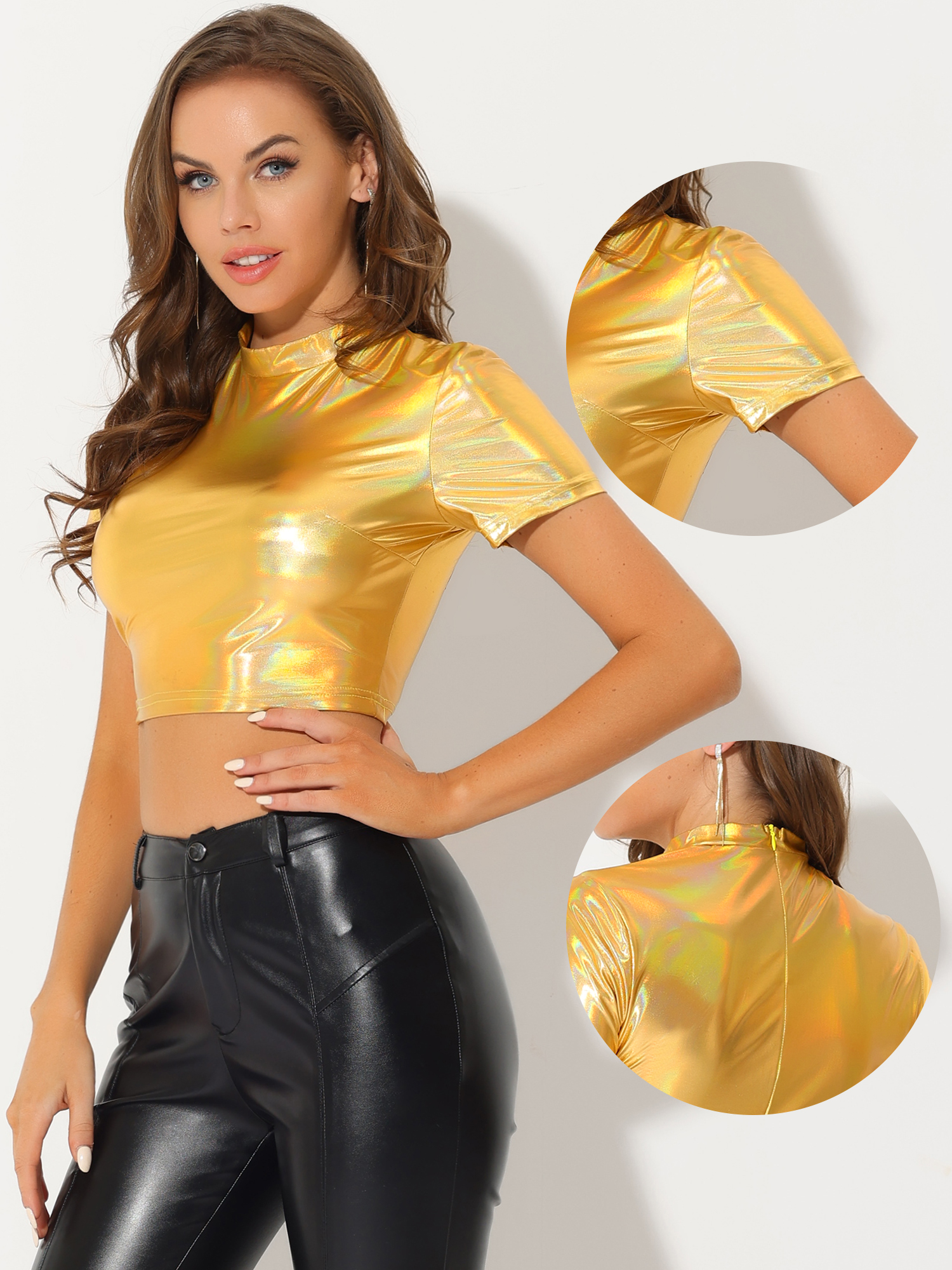 DARING DIVA Women's Mock Neck Short Sleeve Metallic Crop Tops T-Shirts L Gold