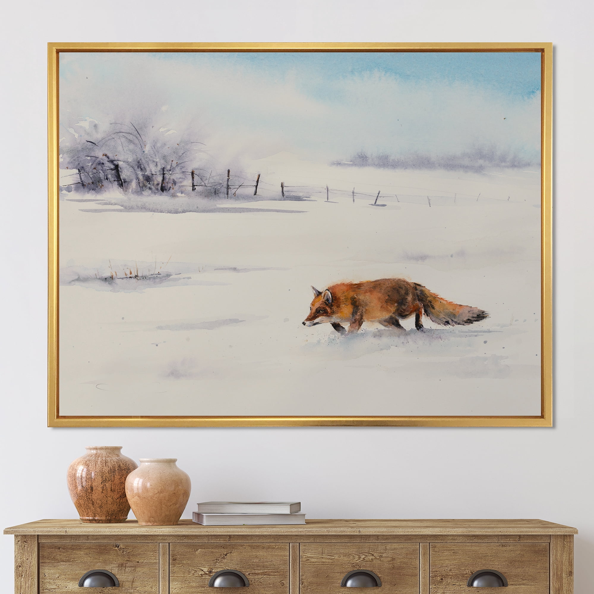 Designart 'Red Fox Running In White Snow in Countryside I' Farmhouse Framed Canvas Wall Art Print