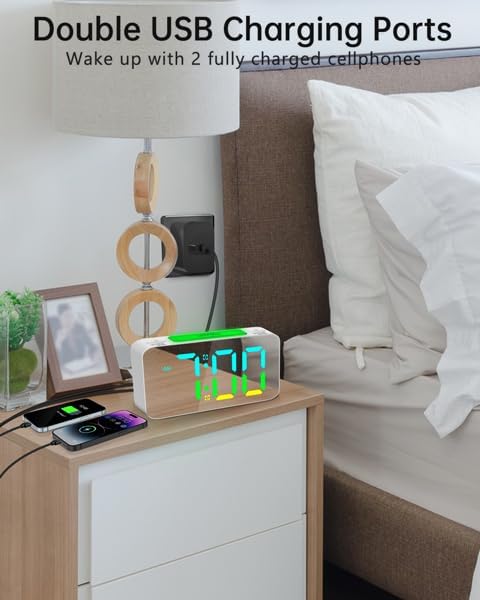 Super Loud Alarm Clock for Heavy Sleepers Adults,Digital Clock with 7 Color NightLight,Adjustable Volume,Dimmer,USB Charger,Small Clocks for Bedrooms,Ok to Wake Up for Kids,Teens (White+RGB)