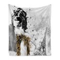 thumbnail image 1 of Modern Soft Flannel Fleece Throw Blanket, Posing Fashion Model Girl with Feathers and Dots Paris Eiffel Contemporary, Cozy Plush for Indoor and Outdoor Use, 60" x 80", Grey White, by Ambesonne, 1 of 6