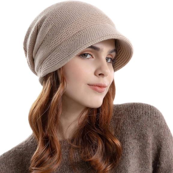 Women Knit Beanie Hat, Winter Warm Slouchy Fleece Hat with Brim, Ladies Fleece Lined Warm Beret Hat, Pullover Ear Protection Hat