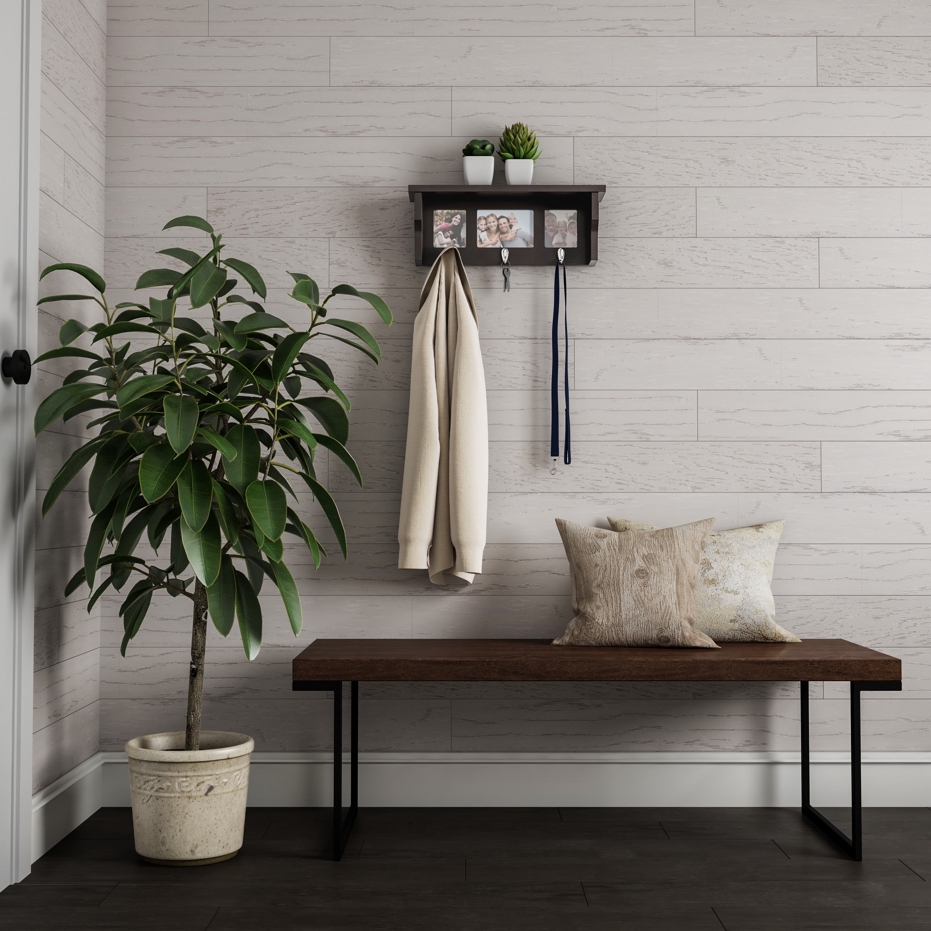 Lavish Home Wall Shelf and Picture Collage with Ledge and 3 Hanging Hooks- Holds 3 Photos (Black)