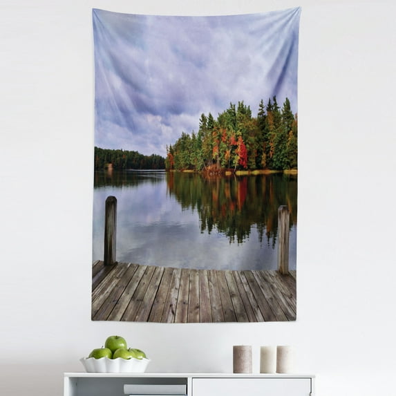 Lake Tapestry, Wooden Dock and Island Ablaze in Fall Splendor Ludington State Park in Michigan USA, Fabric Wall Hanging Decor for Bedroom Living Room Dorm, 5 Sizes, Multicolor, by Ambesonne
