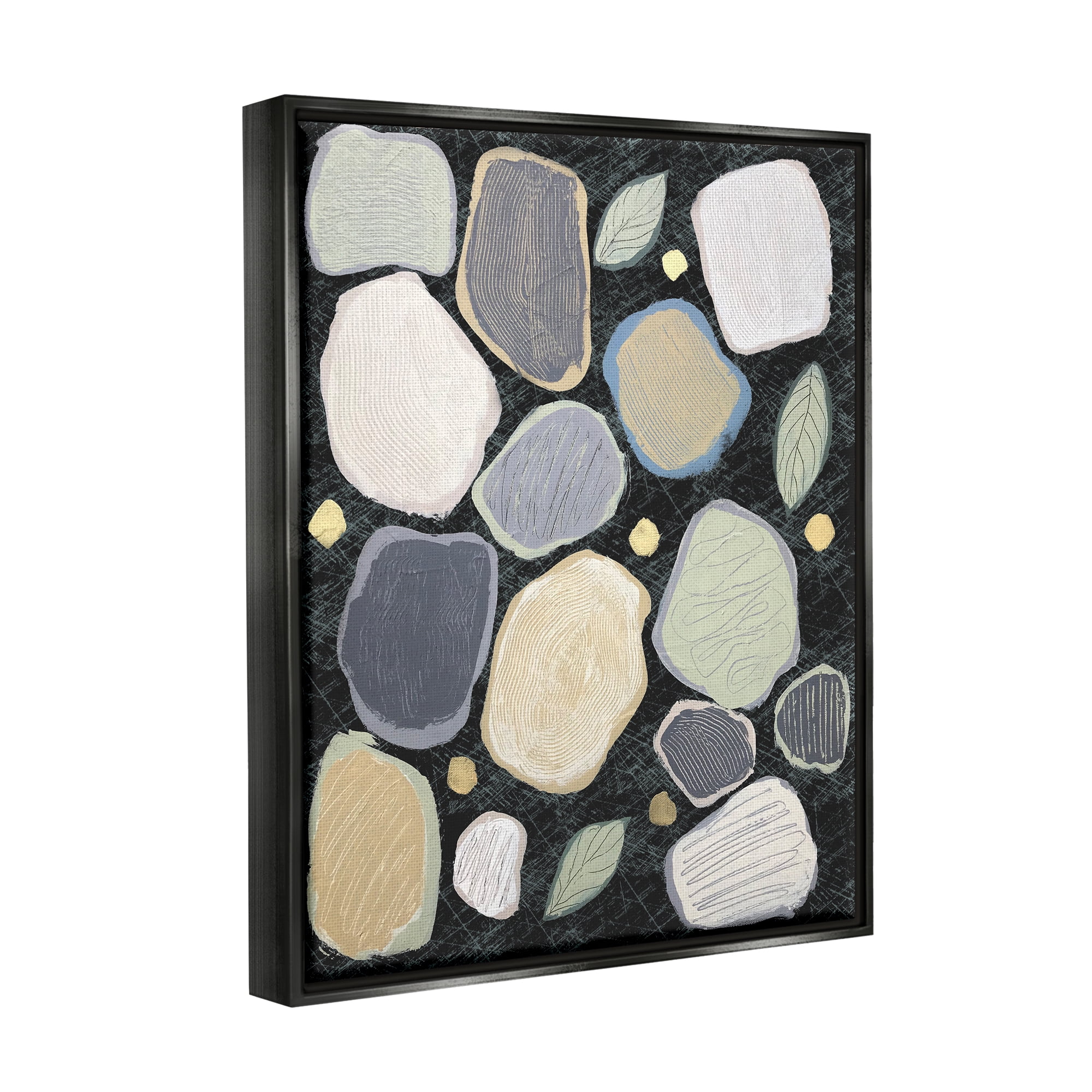 Stupell Industries Abstract Pebbles & Leaves Abstract Painting Black Floater Framed Canvas Art Print Wall Art, 17 x 21