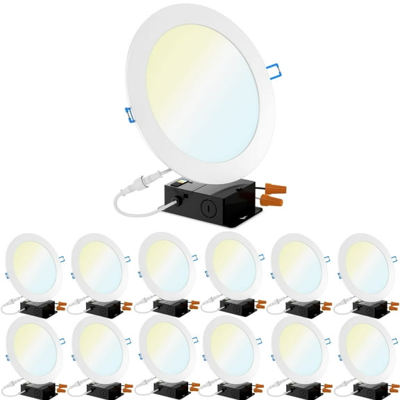 Sunco 12 Pack 8 Inch Ultra Thin LED Recessed Canless Smooth Trim Wafer Thin Indoor Ceiling Lights Slim Selectable 2700K/3000K/4000K/5000K/6000K Dimmable 14W 1350 Lumens with Junction Box