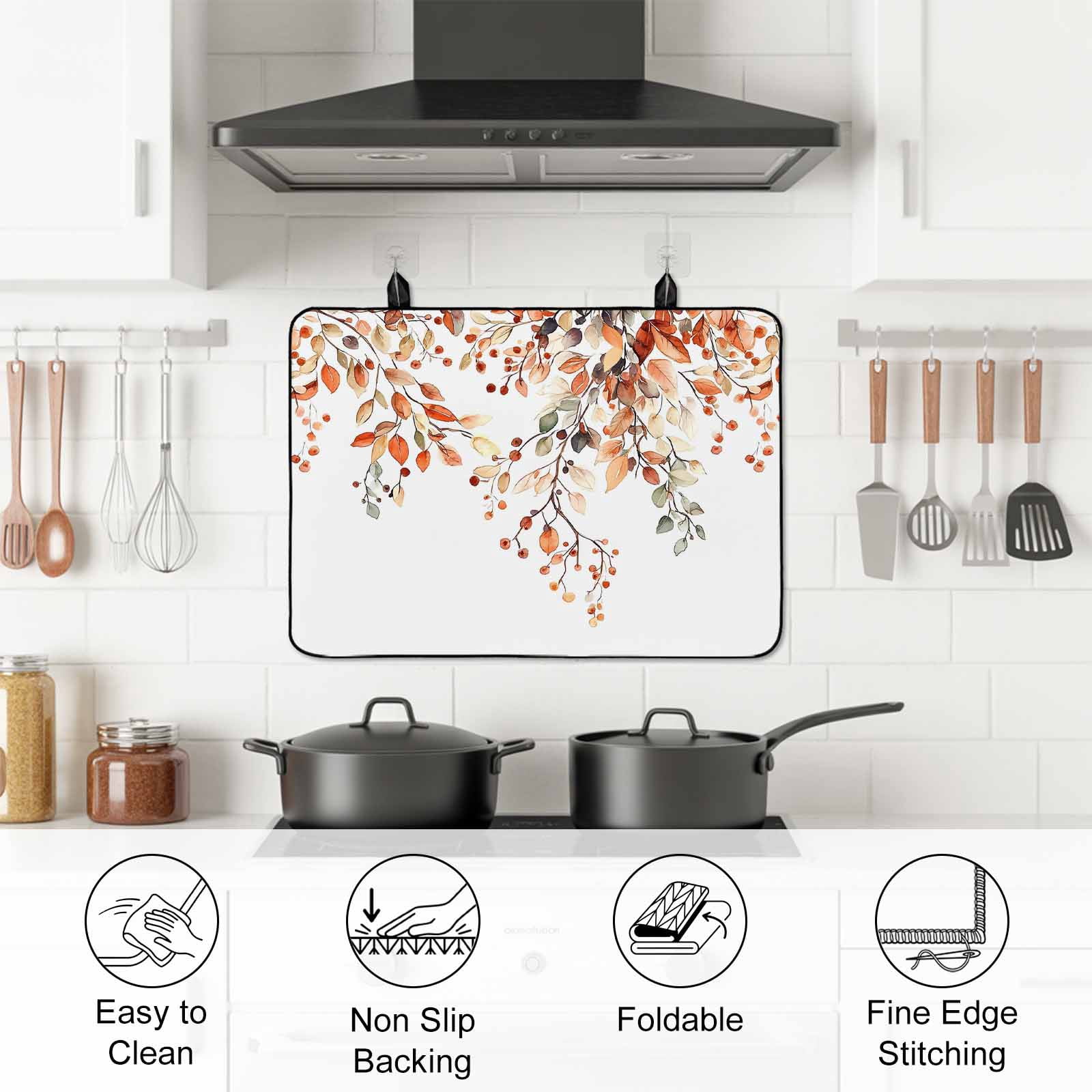 Fall Leaves Stove Top Cover for Electric Stove, Heat-proof & Non Slip Glass Top Stove Cover Protector, Farmhouse Orange Eucalyptus Leaf Floral Kitchen Flat Cooktop Rubber Mat 24x21 Inches