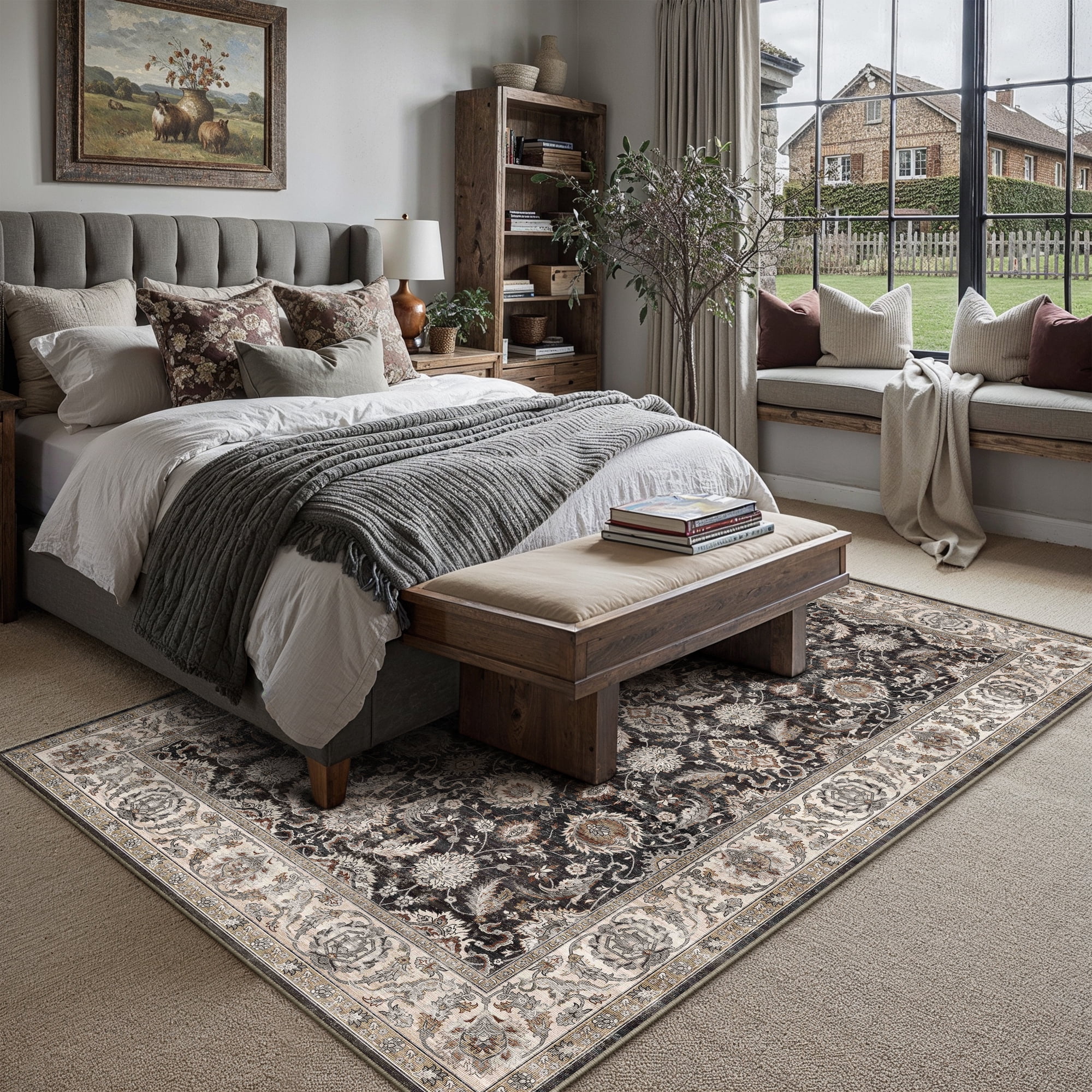 BERTHMEER 8'x10' Area Rugs for Living Room Large Vintage Black and beige Carpets for Bedroom Office Machine Washable Farmhouse Dining Room Oriental Rugs Non Slip Traditional Distressed Rugs