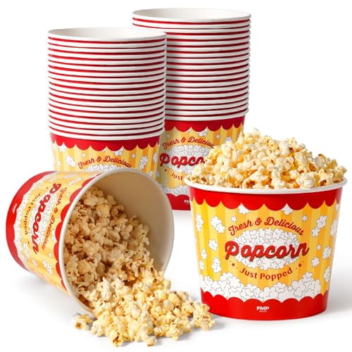 Fit Meal Prep 25 Pack Classic Paper Popcorn Buckets Disposable, 85 Oz Grease Resistant Popcorn Bowls Cups for Machine Home Theater Carnival Movie Night