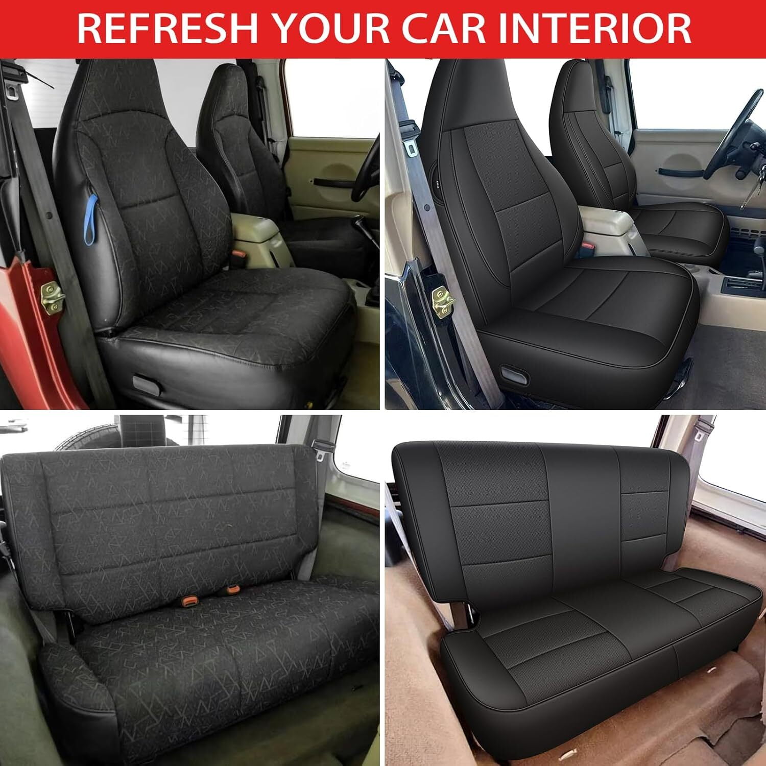 IKABEVEM Custom Fit Seat Covers for Jeep Wrangler YJ 1991-1995 Waterproof Leather Car Seats Cover Full Set（Black）