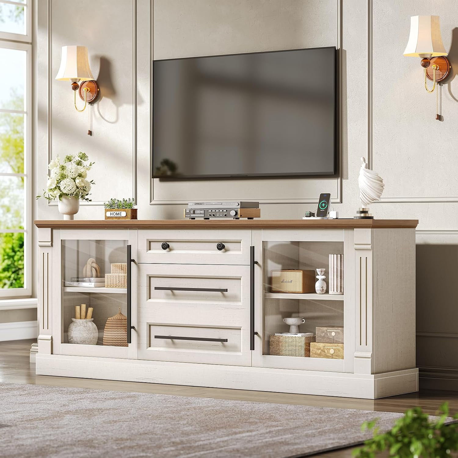 65 Inch Farmhouse TV Stand with Power Outlet, Wood Entertainment Center with Glass Doors, 3 Storage Cabinets & 1 Drawer Media Console Table for Living Room & Bedroom, White + Brown