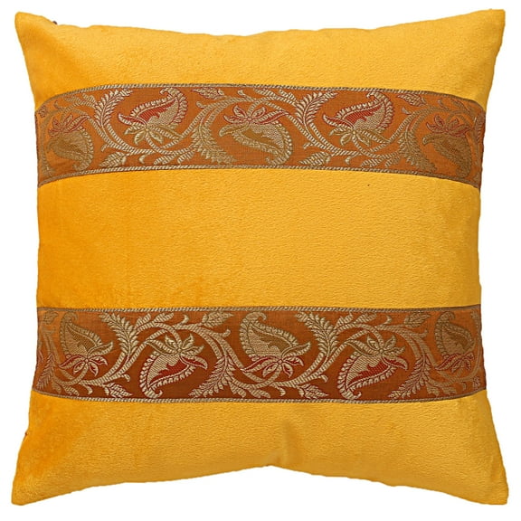 Stylo Culture Polydupion Brocade Jacquard Decorative Throw Pillow Cover 16 x 16 Ethnic Yellow Square 40 x 40 cm Home Decor Velvet Floral Zippered Cushion Cover | 1 Pc