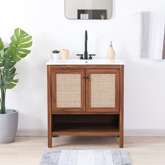 JONATHAN Y Jasper 30 in. W x 18 in. D x 33 in. H, Rattan 2-Shelf, Bath Vanity Cabinet ONLY, Walnut, VAN1024B