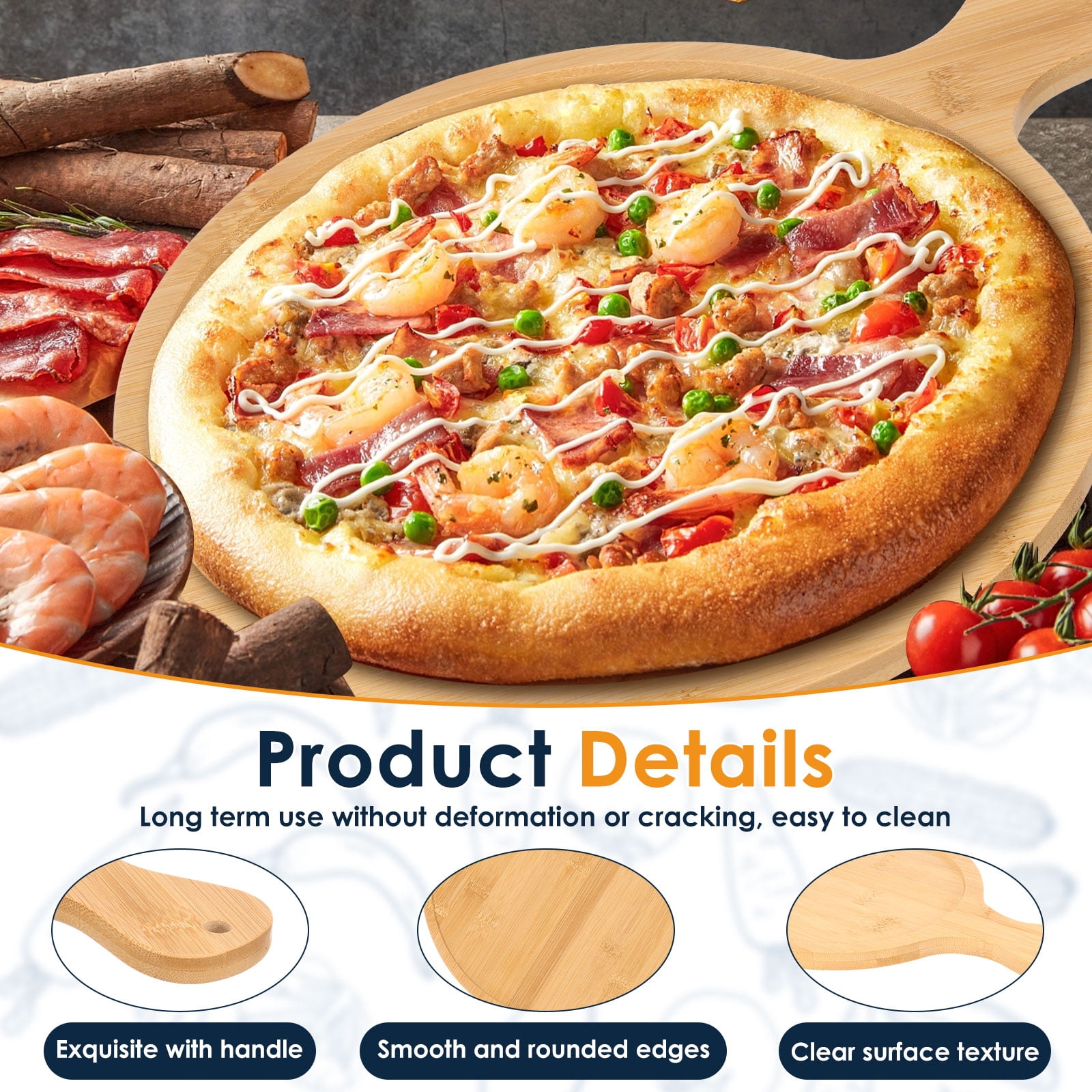 2Pcs Pizza Board with Handle Bamboo Round Cutting Board for Kitchen Pizza&nbsp;Cheese Baking Bread&nbsp;Steak Fruit Dinner Serving Tray for Daily Gathering Wedding Baby Shower