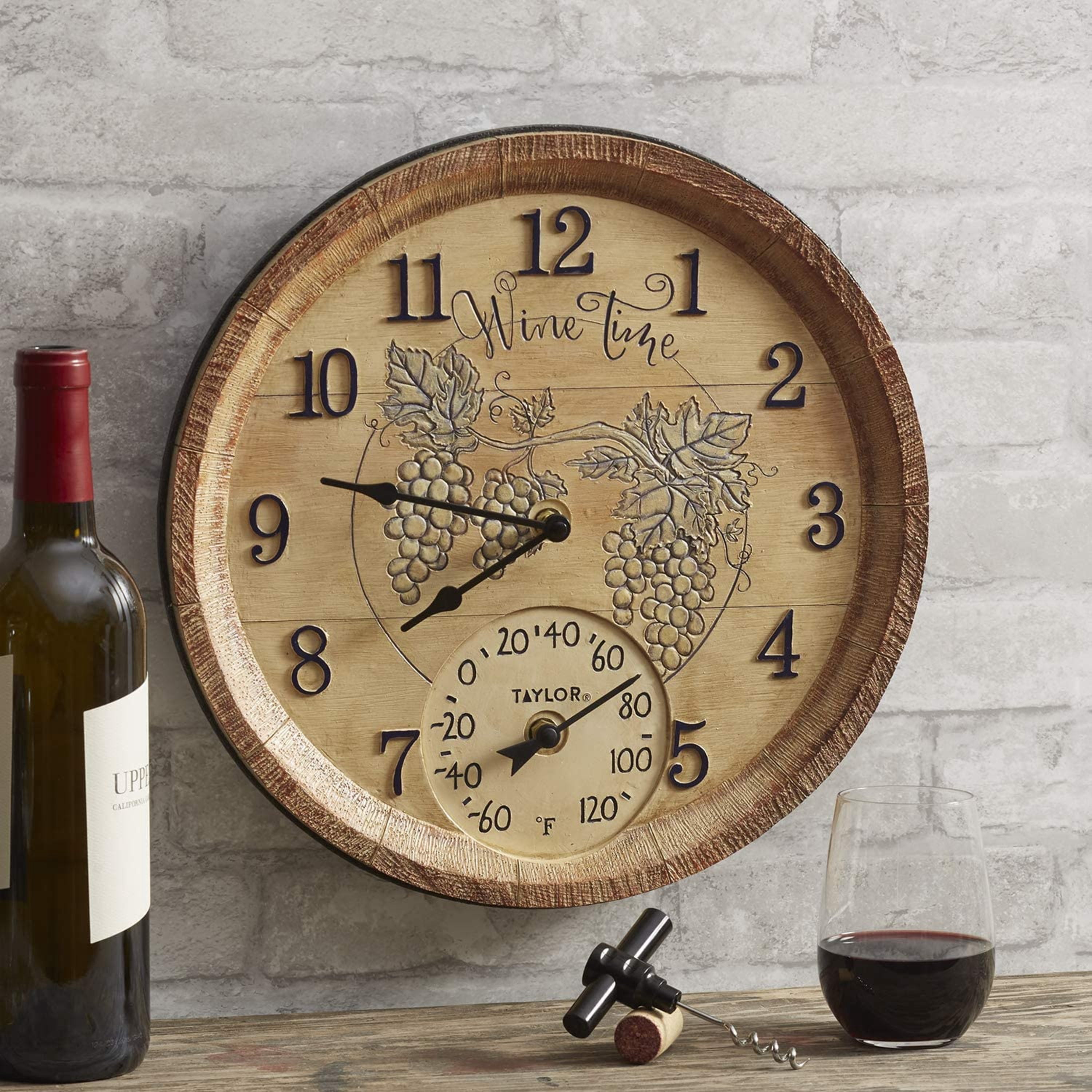 Taylor 14 inch Poly Resin Wine Time Clock with Thermometer