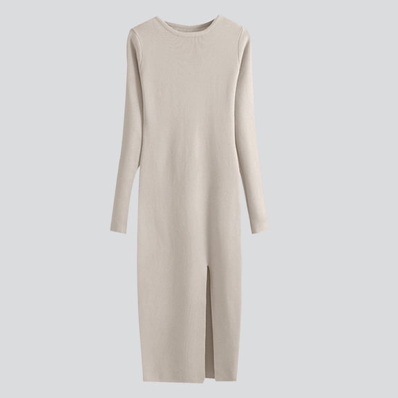 Elvqul Dresses for Women Long Sleeve Beige Long Dress Casual Solid Color House Tunic Crew Neck Womens Sweater Dresses Cotton