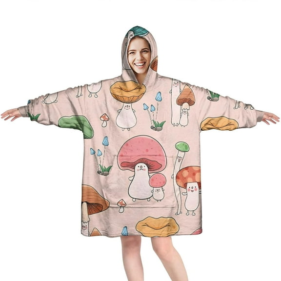 Pink Mushroom Cartoon Light Pattern Wearable Oversized Blanket,Wearable Blanket Hoodie for Adults,Cozy Hooded Blankets with Super Pockets,Super Warm Fuzzy Pullover for Women & Men