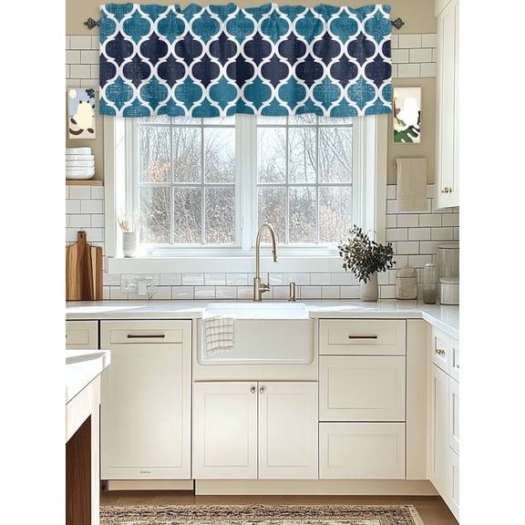 Kitchen Valances for Window, Teal Moroccan Pattern Buffalo Check Light Filtering Rod Pocket Valance Curtain, Navy Blue Style Short Curtains Window Topper for Bedroom Bathroom Living Room 54x18in