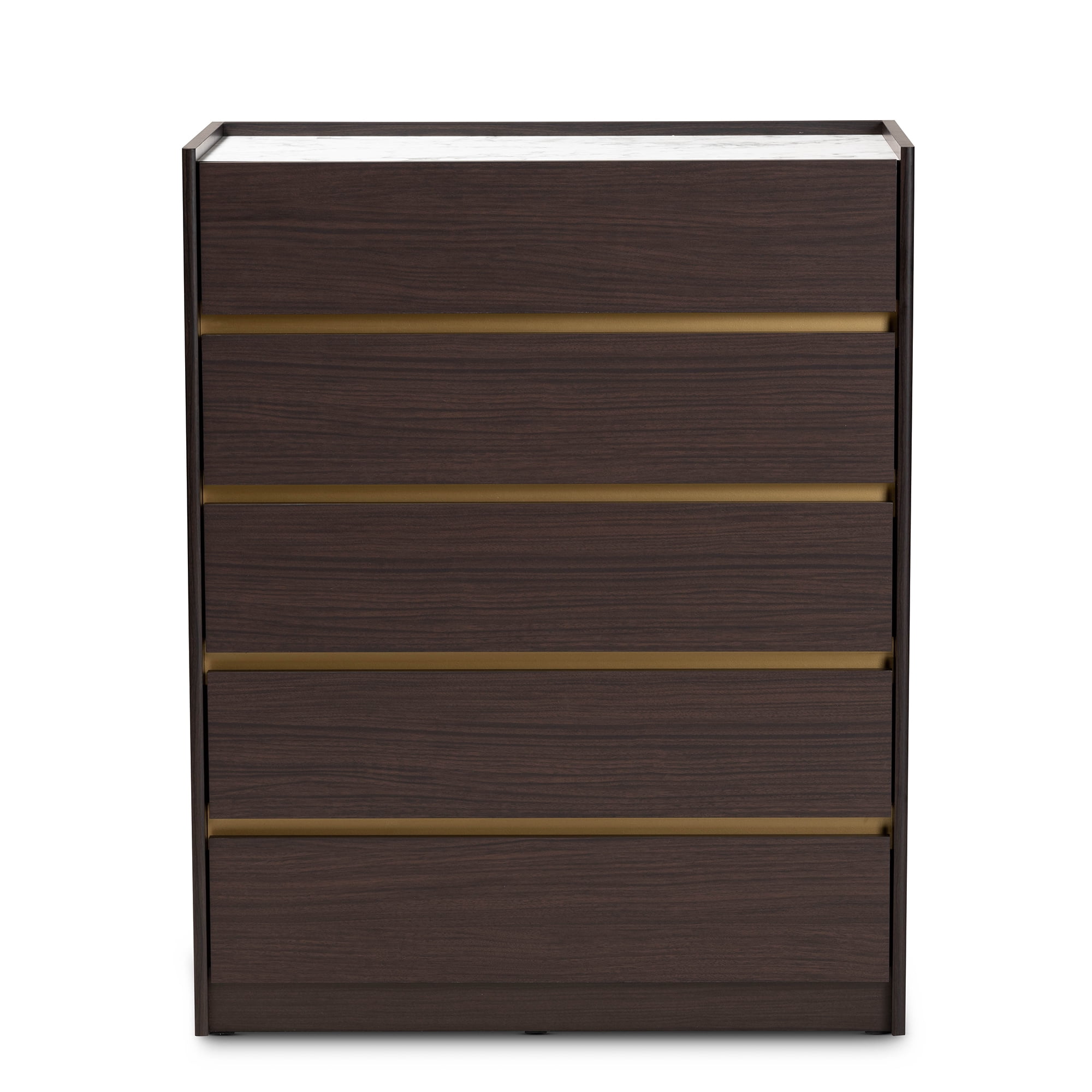 Baxton Studio Walker Modern and Contemporary Dark Brown and Gold Finished Wood 5-Drawer Chest with Faux Marble Top
