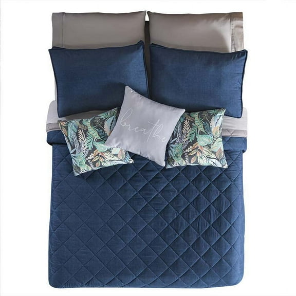 Vianney Adorn Essential 6 Piece Reversible Oversized Blue & Grey Comforter Set with Pillow Covers, King, Cotton, Geometrical square pattern