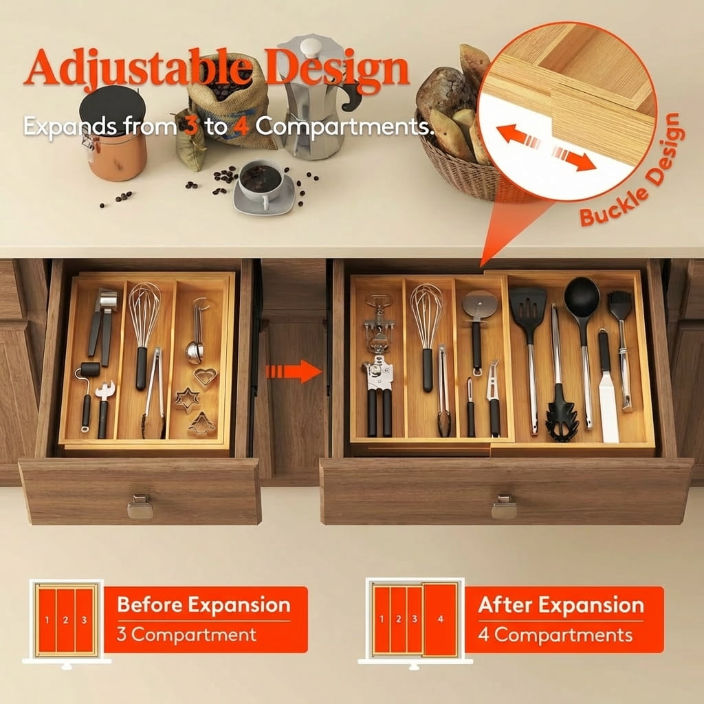 Luncia Expandable Bamboo Utensil Organizer Tray – Adjustable Cutlery & Flatware Holder for Kitchen Drawer, 11.9–21.7 x 15.75"