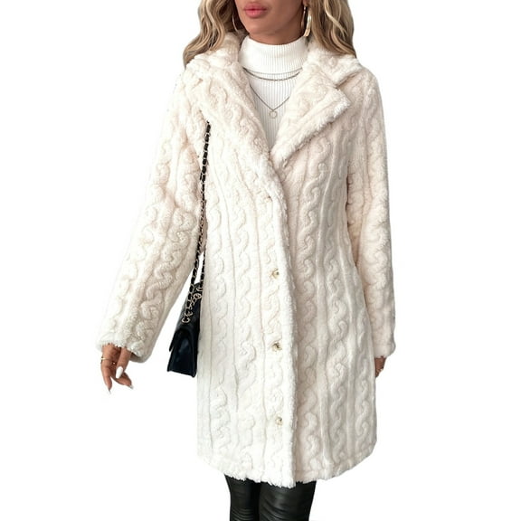 Winter Fashion Women'S Casual Loose Double-Sided Plush Lapel Long Coat Jacket Ivory White S
