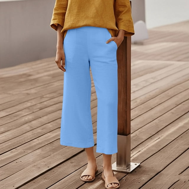 TaTaai Women's Casual Linen Straight Pants 7/8 Length with Pockets High Elastic Waist Solid Color Soft Breathable Trousers Relaxed Fit Spring Summer Daily Outfits Gift