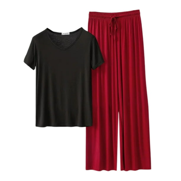 Conjunto de pijama de manga corta con cuello en V para mujer - Pantalones largos de poliéster y spandex, ropa de dormir ligera para verano