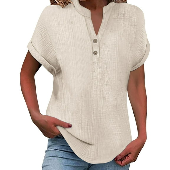Women's Crinkled V-Neck Short Sleeve Top - Rolled Cuff Button Detail Casual Tee | Yubnlvae | Women's Fashionable And Casual Solid Color V Neck Wrinkle Cloth (Beige | L)