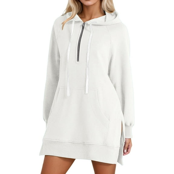 Arlun Oversized Quarter Zipper Hoodies Dress for Women Warm Loose Comfortable Long Sleeve Pullover Sweatshirts Casual Solid Color Split Hem Drawstring Long Tops with Pocket White XL