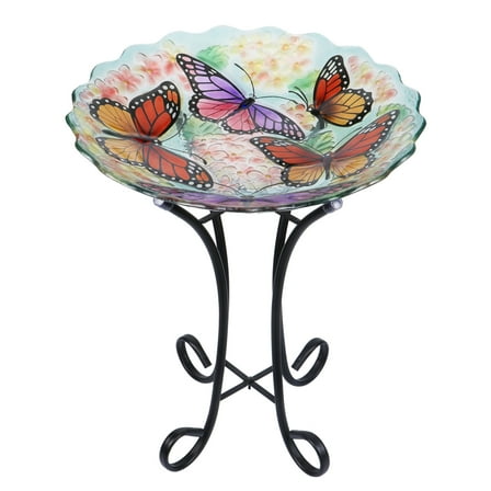 Glass Birdbath with Metal Stand Outdoor for Lawn Yard Garden Butterfly Decor, 18” Dia 21.65” Height
