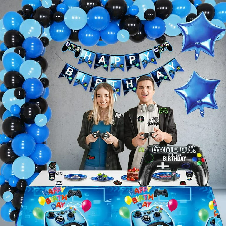 34 Pieces Video Game Party Supplies Set Gamer Brthday Decorations Including  Happy Birthday Gaming Backdrop, Game Table Covers, Multi-Color Balloons