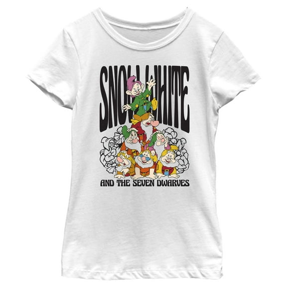 Girl's Snow White and the Seven Dwarfs Dwarf Group Logo Graphic Tee White Small