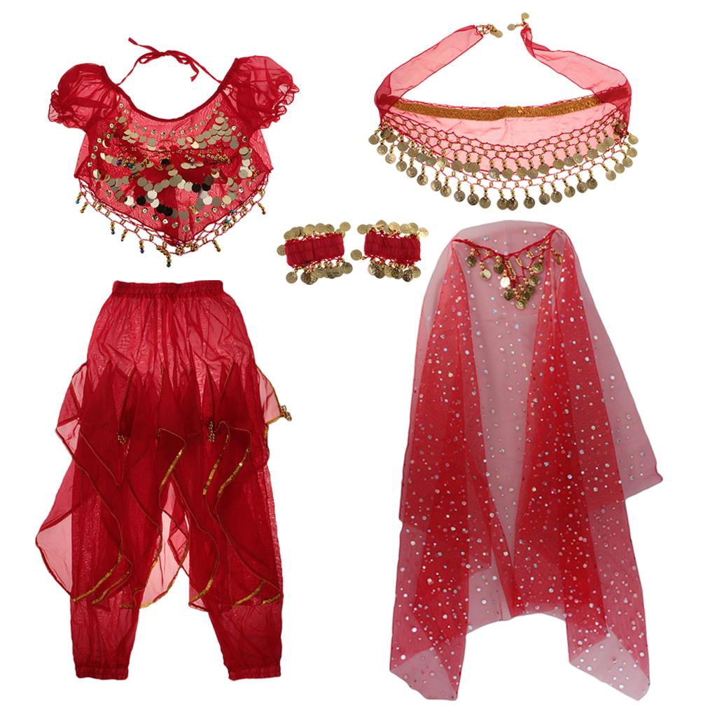 Disfraz De India Rojo Para Niña, Con Vestido, Cinturón, Poncho Y Cinta Para El Pelo, Talla M 7-9 Años