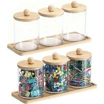 TOEVER 6-Piece Qtip Holder Set with Bamboo Tray - Clear Acrylic Cotton Swab & Cotton Ball Dispenser with Lids, Bathroom Storage Canisters for Vanity Organization