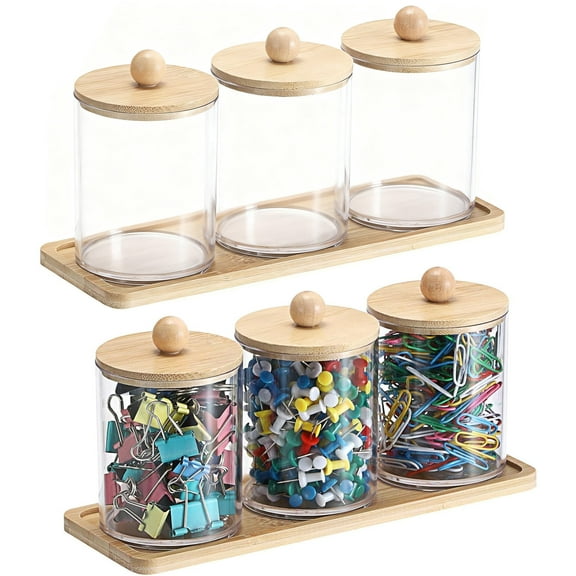 TOEVER 6-Piece Qtip Holder Set with Bamboo Tray - Clear Acrylic Cotton Swab & Cotton Ball Dispenser with Lids, Bathroom Storage Canisters for Vanity Organization