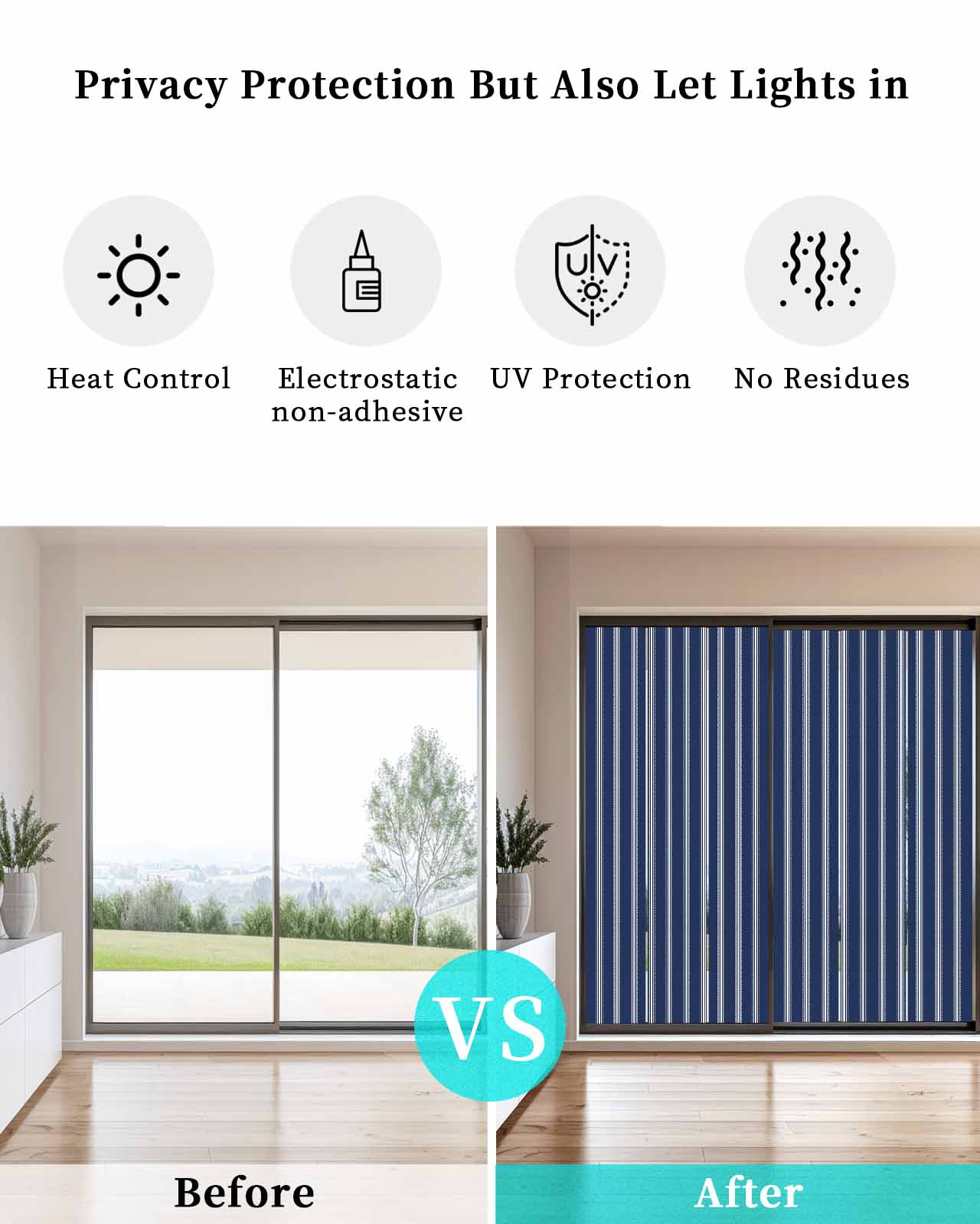 Window Privacy Film,Navy Blue White Stripes Sun Blocking Window Tint Film Heat Control One Way Blackout Window Film,Geometric Vertical Linens Modern Minimalism Non Adhesive Static Cling 29.5x78.7 In