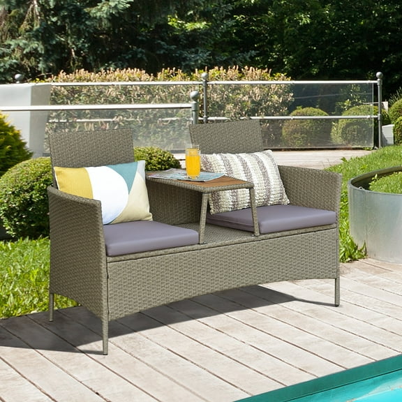 Gymax Patio Rattan Loveseat Outdoor 2-Person Conversation Set w/ Built-in Table