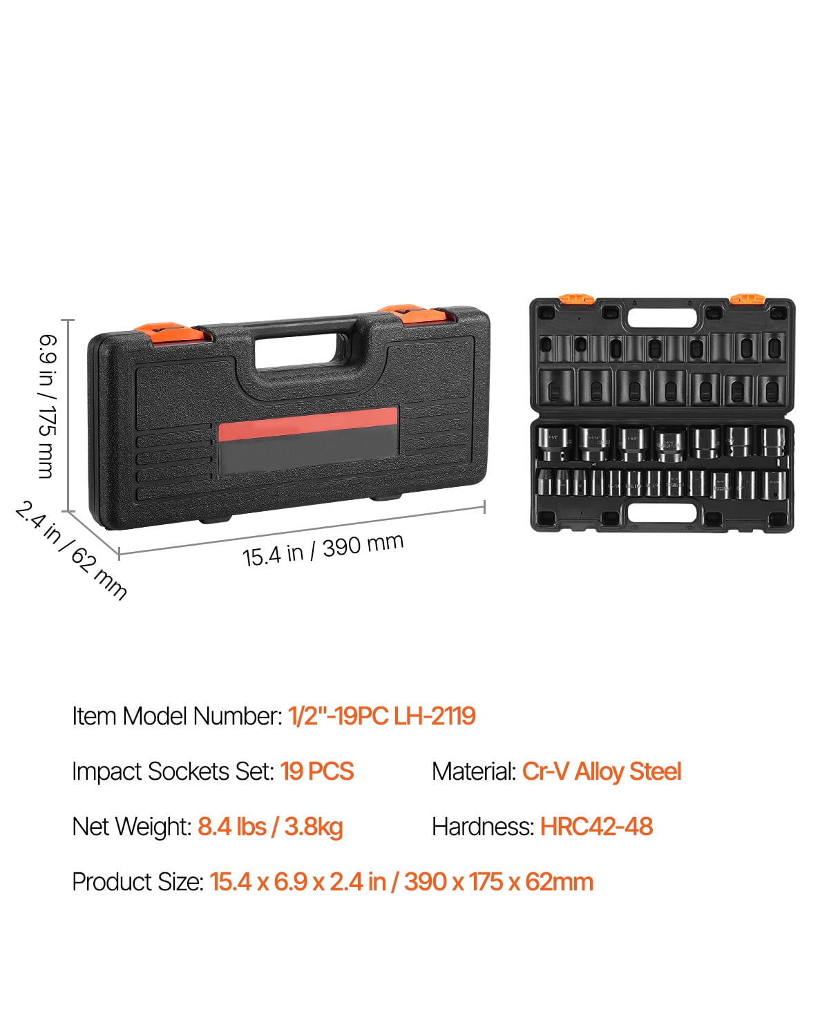 KFFKFF 19-Piece 1/2-Inch Drive Impact Socket Set, SAE Sizes from 3/8 to 1-1/2 Inches, 6-Point Hex Design for Standard Applications