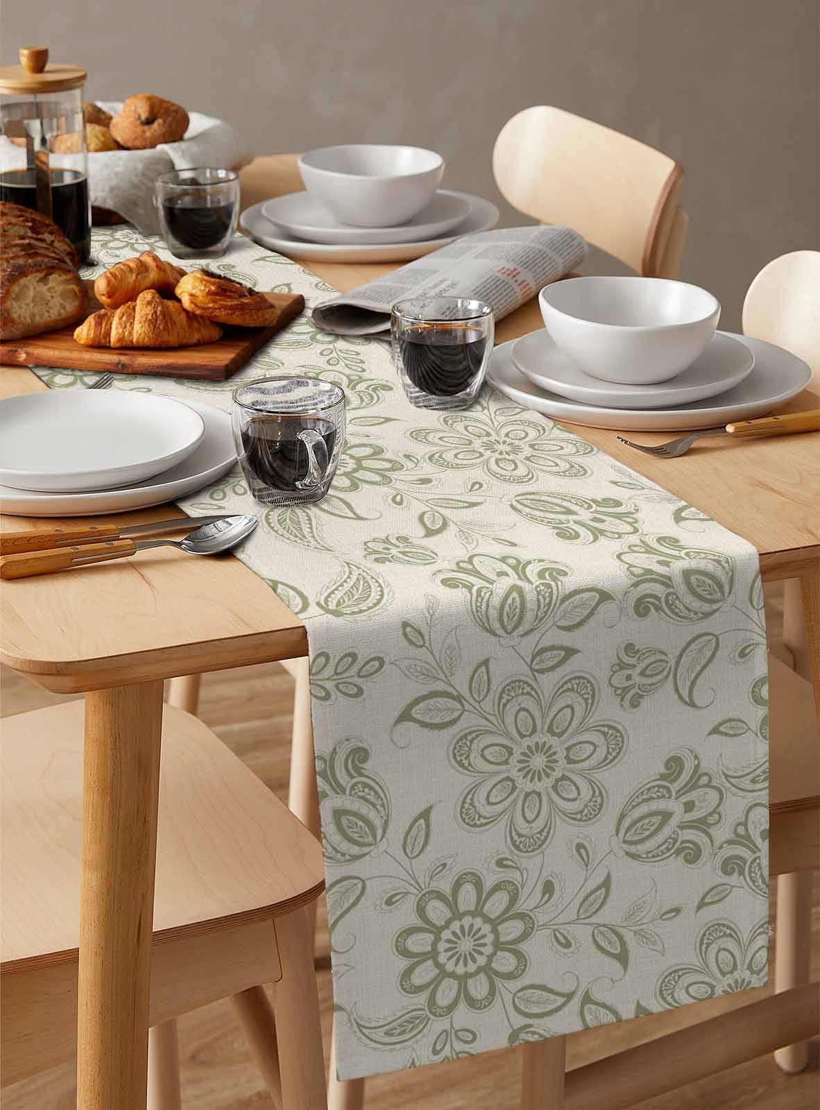 nqOlkjepod Green Flowers Table Runner 72 Inches Long Farmhouse Dress Scarves, Vintage Country Ethnic Tribal Artwork Dining Tablerunner for Coffee Table/Kitchen Island/Party Décor, 13" x 72"