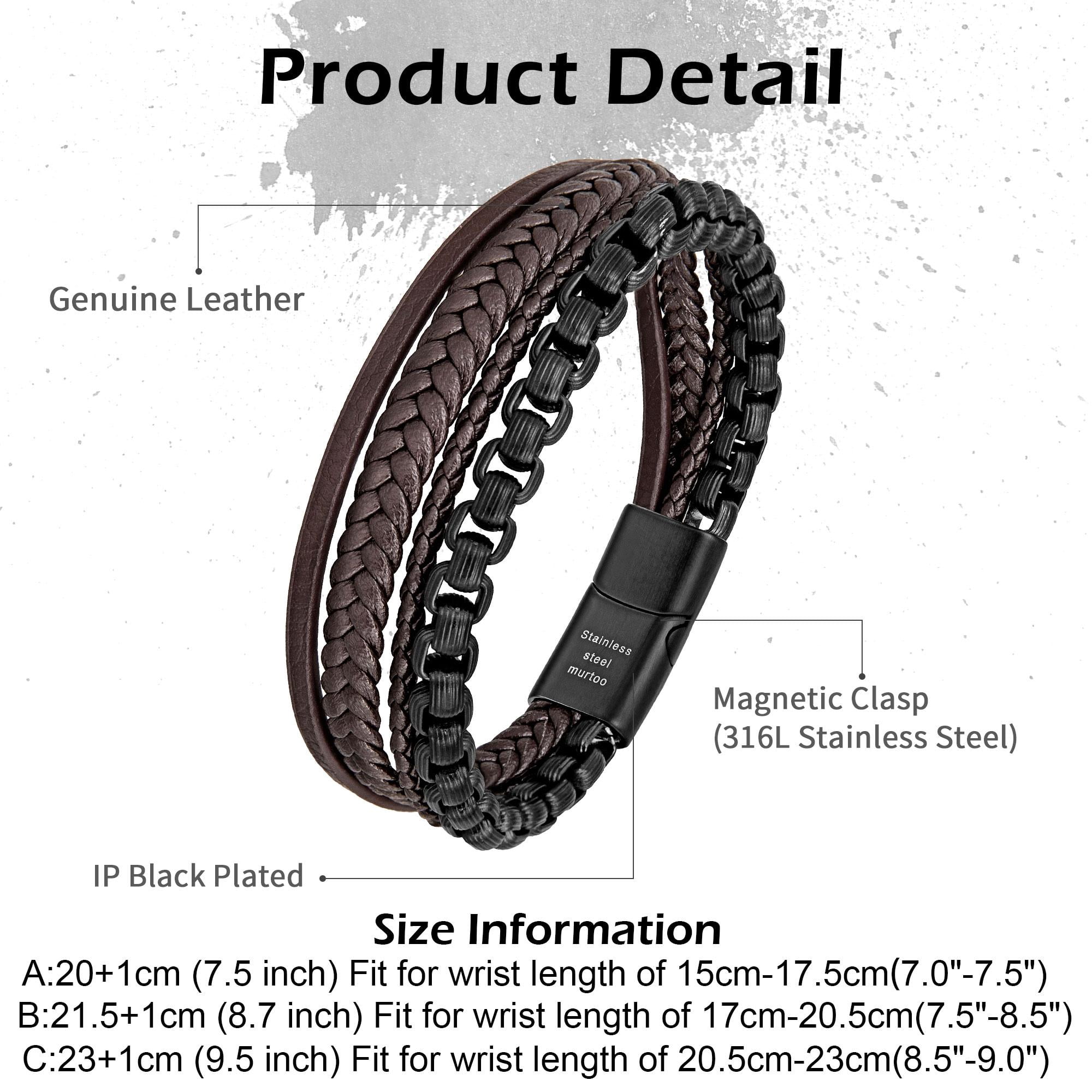 murtoo Mens Leather Bracelet with Chain, Stainless Steel Clasp Braided Wristband for Men, Multi-Strand Adjustable Bracelet with Gift Bag