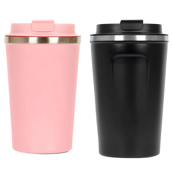 2 Pack 304 Stainless Steel Vacuum Insulated Coffee Mugs – 12.8 oz Leakproof Travel Tumblers with One-Touch Lid, Double-Wall Thermos for Hot & Cold Drinks, Black Pink