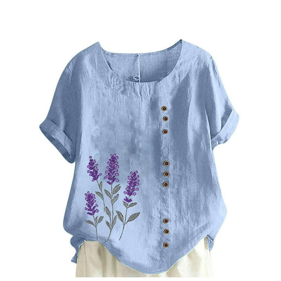 JSheng Womens Casual Linen Tops Summer Classic Print V-Neck Button Down T-Shirts Loose Short Sleeve Blouses ZE-Light Blue L